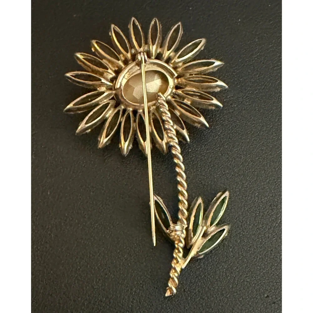 Vintage Rhinestone Brooch Floral Sunflower Daisy